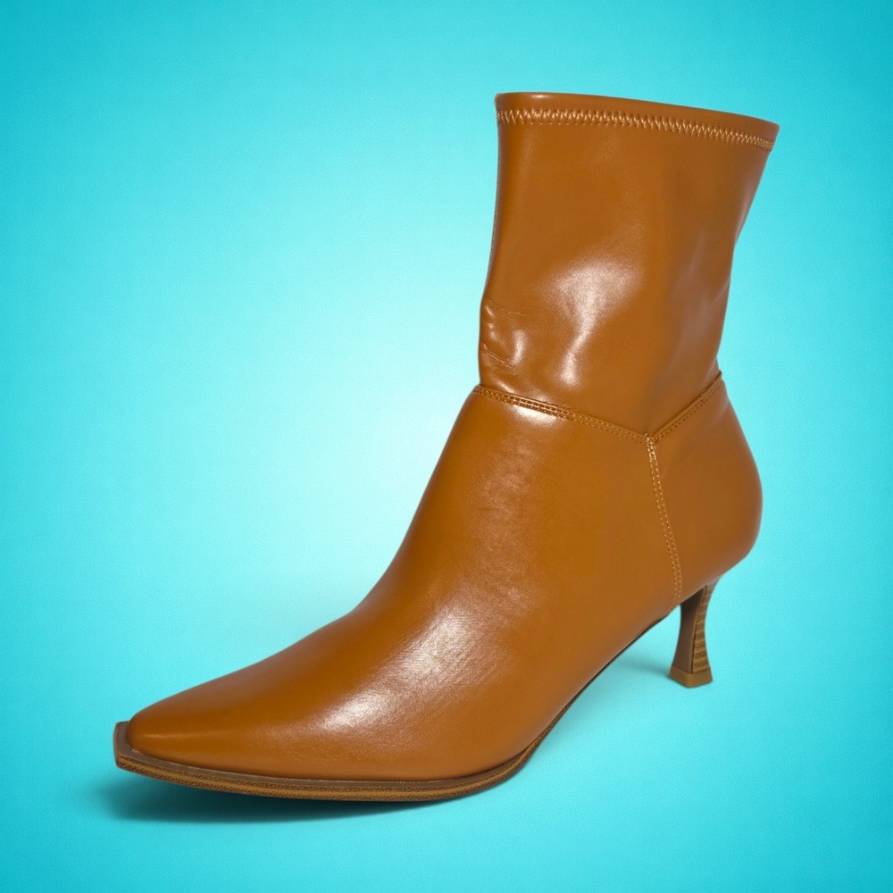New Women's Tan Brown Faux Leather Pointed Toe Kitten Heel Ankle Boots 9.5